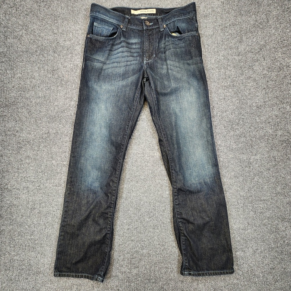 DKNY Jeans Straight Leg Mens 30x30 (Fits as 30x29) Dark Wash Blue Fade Whiskered